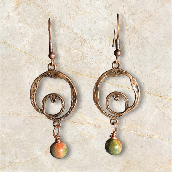 Boho Unakite earrings,  handcrafted Wrapped Earrings, Modern Drop Earrings, - Picture 2 of 2